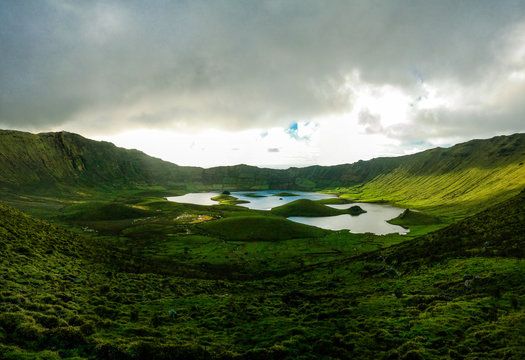 Landscape sunset view to Caldeirao crater, Corvo island, Azores,portugal