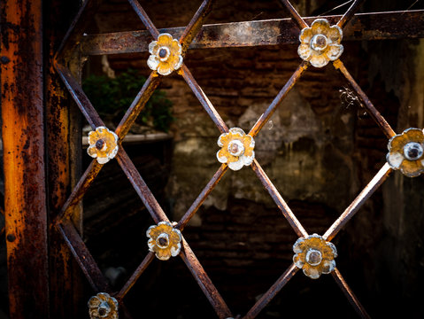 tarnished metal flower adorments and rusty bars