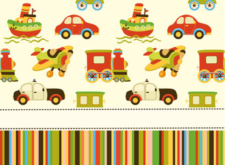 Seamless adventure baby pattern. Illustration with car, train, airplane and ship for kids. Children background for wallpaper, textile. Baby shower pattern or birthday greeting card. 
