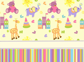 Seamless baby pattern with cute animals and toys. Illustration for kids. Children background for wallpaper, textile. Baby shower pattern or birthday greeting card. 