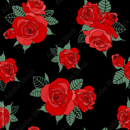 Vector Seamless Floral Pattern Red Roses On Black
