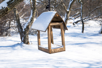 nesting box or feeding trough in winter snowy park
