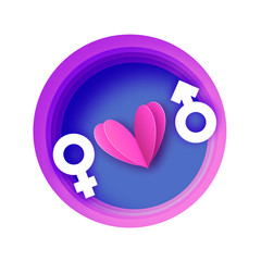 Female and male sex paper cut style, White Venus and Mars signs on layered circle background. Love pink heart. Valentines day.