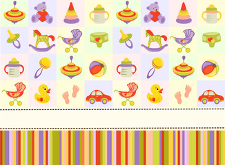 Seamless baby pattern with cute animals and toys. Illustration for kids. Children background for wallpaper, textile. Baby shower pattern or birthday greeting card. 