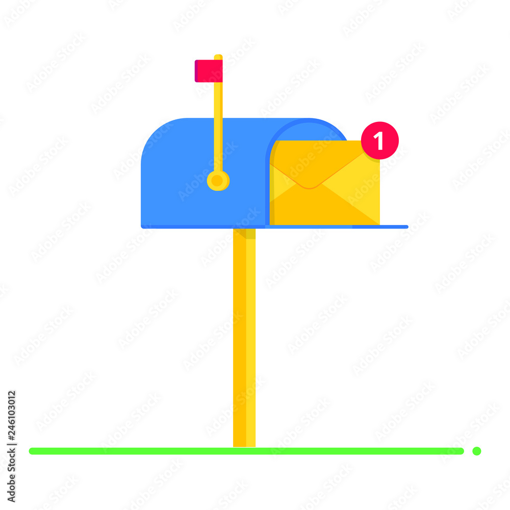 Poster blue mail box with envelope letter flat style design vector illustration icon sign. new message symb