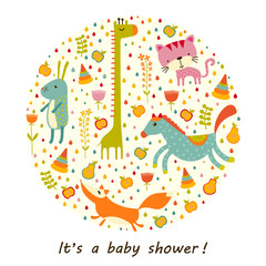 Seamless baby pattern with cute animals and toys. Illustration for kids. Children background for wallpaper, textile. Baby shower pattern or birthday greeting card. 