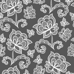 White seamless lace pattern with rose on transparent background