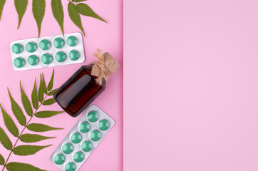 Medicine composition. Pharmacy concept background. Flat lay, top view of festive still life and health
