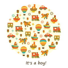 Seamless adventure baby pattern. Illustration with car, train, airplane and ship for kids. Children background for wallpaper, textile. Baby shower pattern or birthday greeting card. 