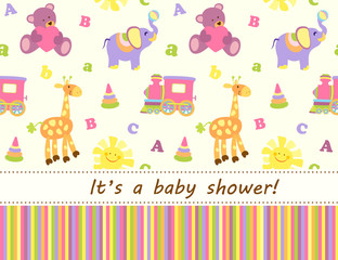 Seamless baby pattern with cute animals and toys. Illustration for kids. Children background for wallpaper, textile. Baby shower pattern or birthday greeting card. 