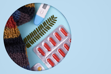 Fototapeta premium Medicine composition. Pharmacy concept background. Flat lay, top view of festive still life and health