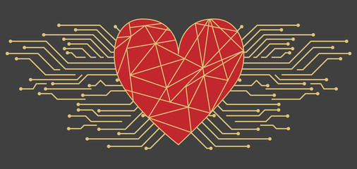 Postcard with Valentine's Day in high-tech style. Big heart with an inscription and microchips or with circuit board.