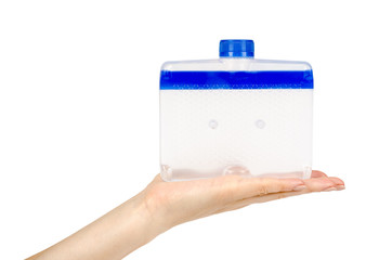 Blue liquid detergent with hand for cleaning dishwasher machine