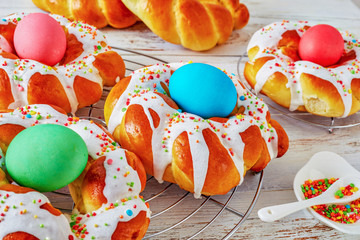 Easter Bread wreaths glazed around dyed eggs