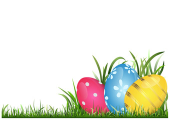 Colorful Hand Painted Easter Eggs on Grass - Background Illustration, Vector