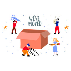 Fototapeta premium We've moved concept. Tiny people gather office stuff to the box. Hand drawn vector lettering illustration.