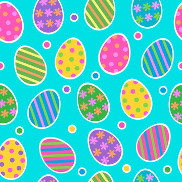 Easter egg seamless pattern vector background with cute colourful painted striped easter eggs stickers with dots on light blue background