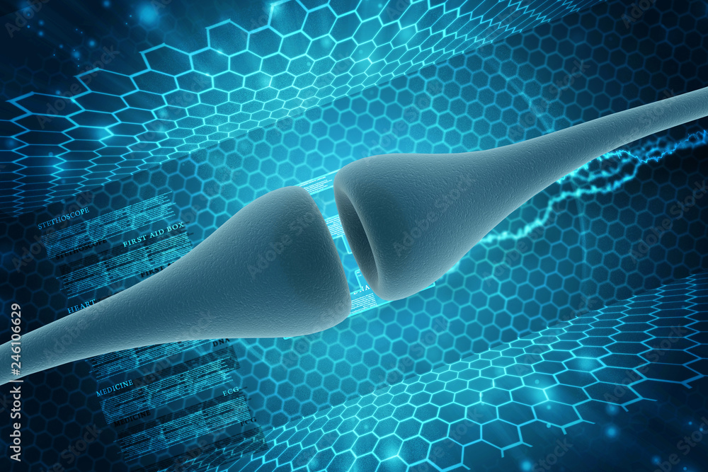 Poster synapse and neuron cells sending electrical chemical signals. 3d rendering