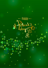 Happy St. Patrick's day gold lettering logo on dark green clover shamrock leaves background. Abstract Irish holiday backdrop for greeting cards design. Vector illustration