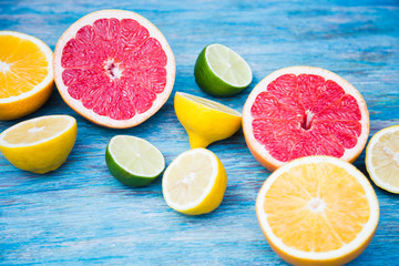 citrus food on blue background