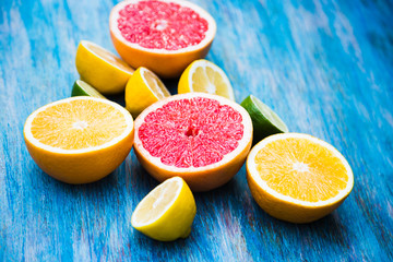 citrus food on blue background