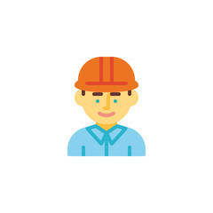 Engineer man with hard hat flat icon, vector sign, colorful pictogram isolated on white. Man construction worker character symbol, logo illustration. Flat style design