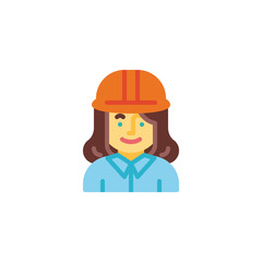 Engineer woman with hard hat flat icon, vector sign, colorful pictogram isolated on white. Woman construction worker character symbol, logo illustration. Flat style design