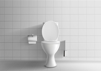 Modern toilet room interior 3d realistic vector mockup with tiled walls and floor, classic white ceramic toilet bowl with water tank and opened seat lid, paper and brush in metal holders illustration