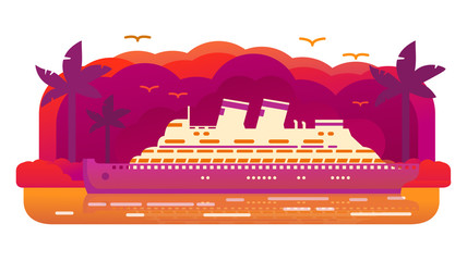 Naklejka premium Cruise ship old retro.Passenger ocean liner. Tropical island of a palm tree sunset. Sea voyage.Flat vector. Banner concept.