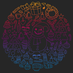 Vector set of Christmas, holiday icons in doodle style. Painted, colorful, gradient pictures on a piece of paper on blackboard.