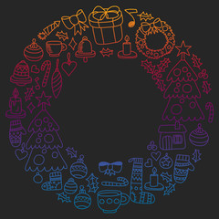 Vector set of Christmas, holiday icons in doodle style. Painted, colorful, gradient pictures on a piece of paper on blackboard.