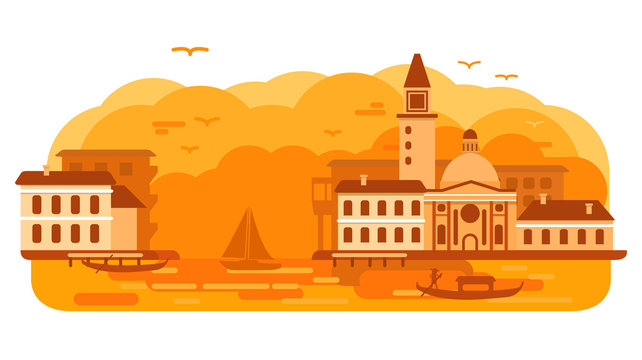 Venece city of Italy gondola .Sea landscape canal sunset.Gondolier rowing oar.Architecture cityscape.Travel tourism flat vector.The European downtown in Italy skylines.