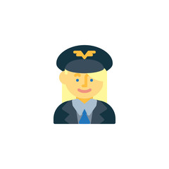 Airline pilot in uniform flat icon, vector sign, colorful pictogram isolated on white. Woman pilot avatar symbol, logo illustration. Flat style design