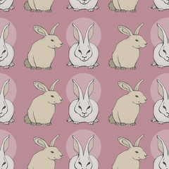 Seamless pattern with cute hand drawn rabbits. Vector template for textiles, wrapping paper, greeting card, invitation. Happy Easter background.