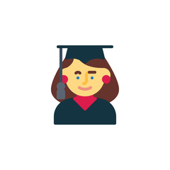 Young woman with graduation hat flat icon, vector sign, colorful pictogram isolated on white. Woman student avatar symbol, logo illustration. Flat style design