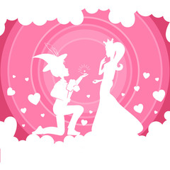 Fototapeta premium Light pink composition with a girl in a crown and a boy on her lap,
