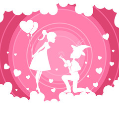 Fototapeta na wymiar Light pink composition with a girl with balloons and a boy on her lap,