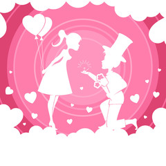 Fototapeta na wymiar Light pink composition with a girl with balloons and a boy with flowers on her lap,