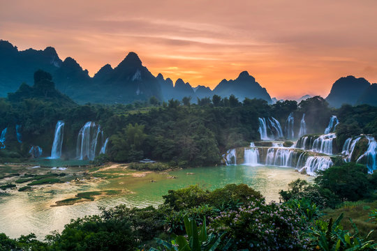 Detian Falls in Guangxi, China and Banyue Falls in Vietnam..
