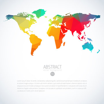 Simple colorful vector template of global world map with modern triangle pattern. Cool infographic template on isolate white background