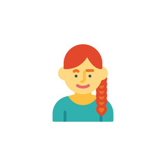 Girl with braid hair flat icon, vector sign, colorful pictogram isolated on white. Cute girl avatar character symbol, logo illustration. Flat style design
