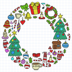 Vector set of Christmas, holiday icons in doodle style. Painted, colorful, on a sheet of checkered paper on a white background.