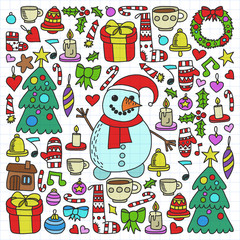 Vector set of Christmas, holiday icons in doodle style. Painted, colorful, on a sheet of checkered paper on a white background.