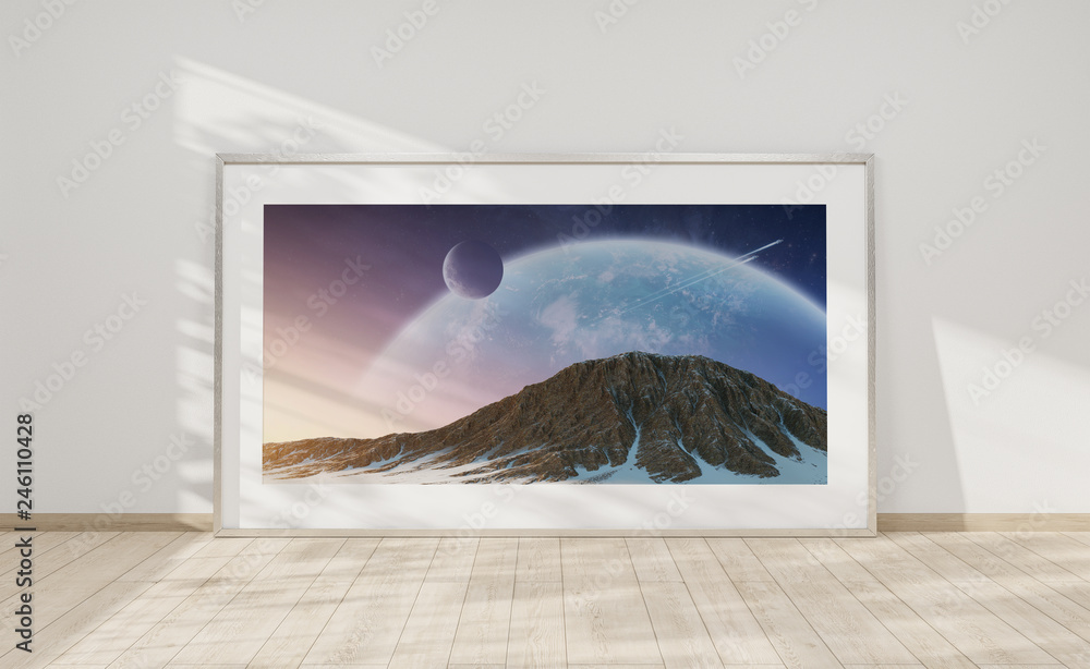 Poster large horizontal frame leaning on a white wall 3d rendering