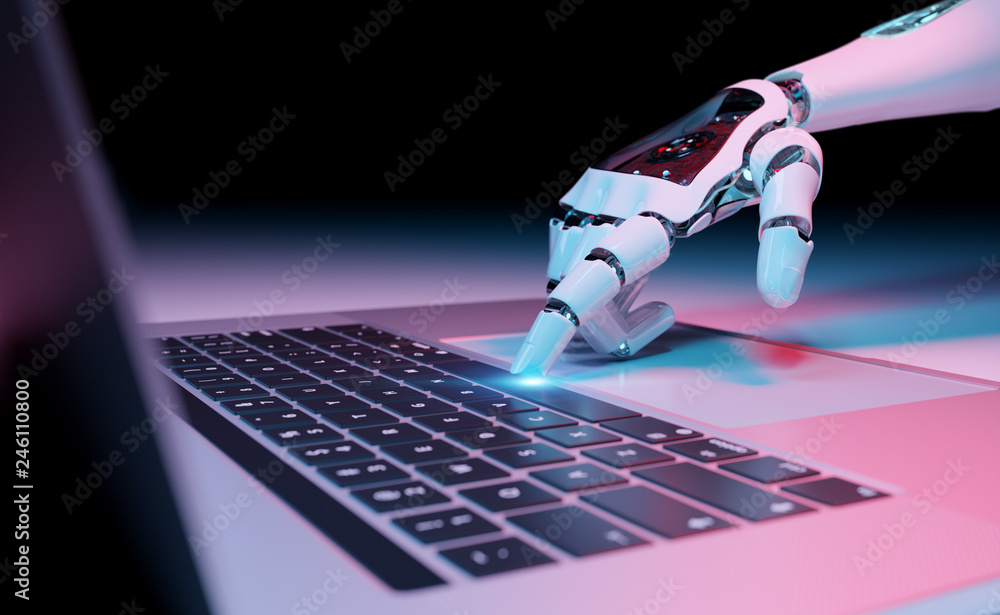 Poster robotic hand pressing a keyboard on a laptop 3d rendering