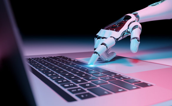 Robotic hand pressing a keyboard on a laptop 3D rendering