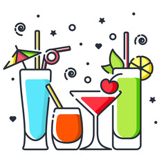 Concept with different alcohol cocktails. Suitable for advertising, bar menu decor, application design