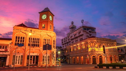 sunset above Charter intersection there have the antique architect in the middle of Phuket city.
