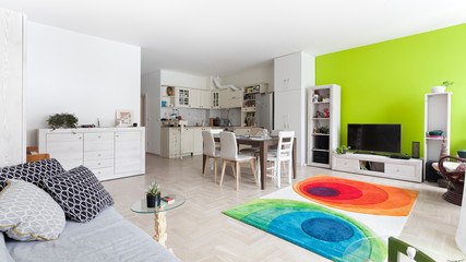 Modern stylish apartment interior with open living room