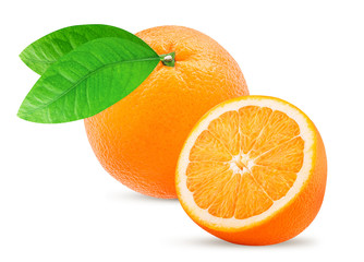 Orange fruit and one cut in half, with leaf